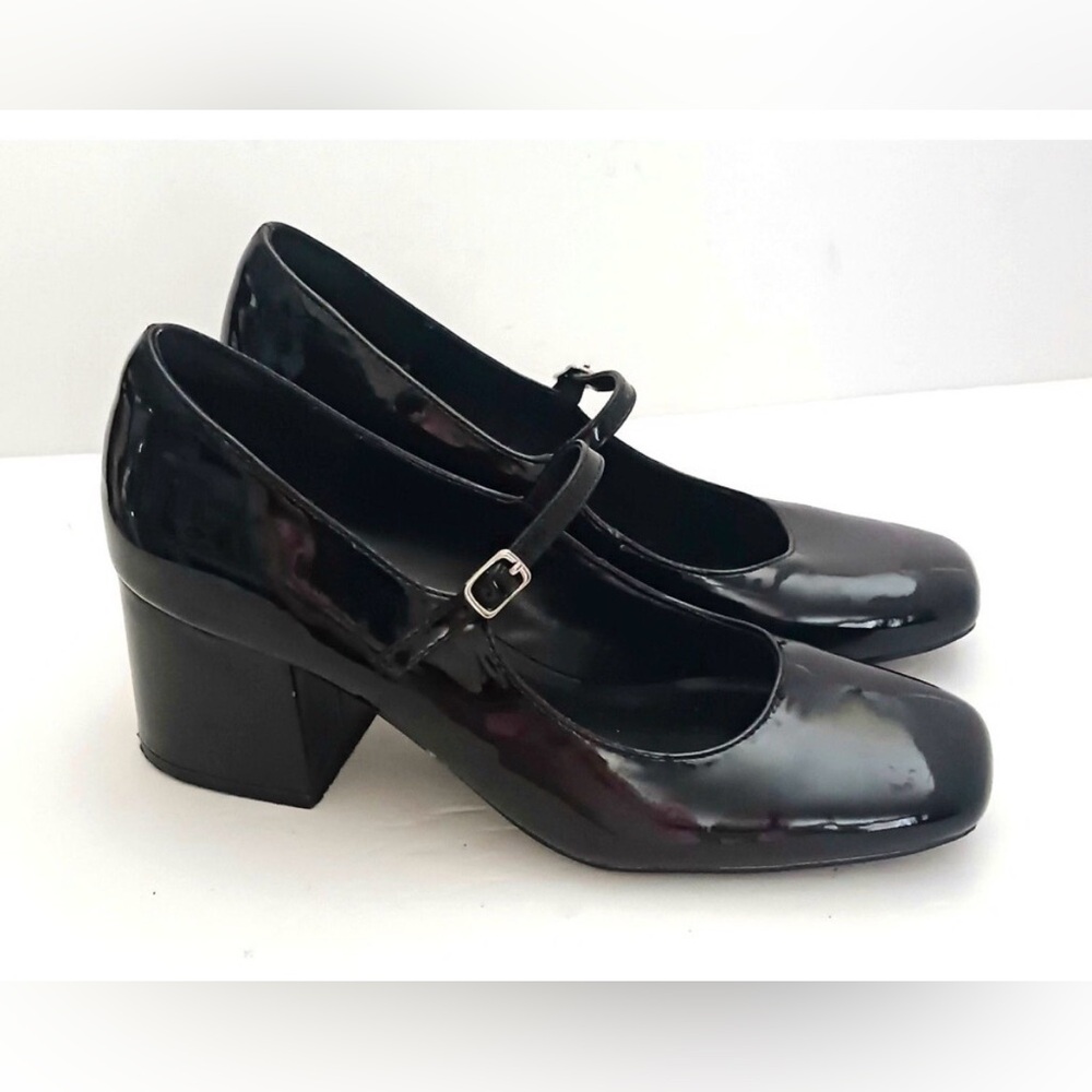 EUC Jenn Ardor Black Patent Mary Jane Pump Chunky Block Heel Square Toe 9M
